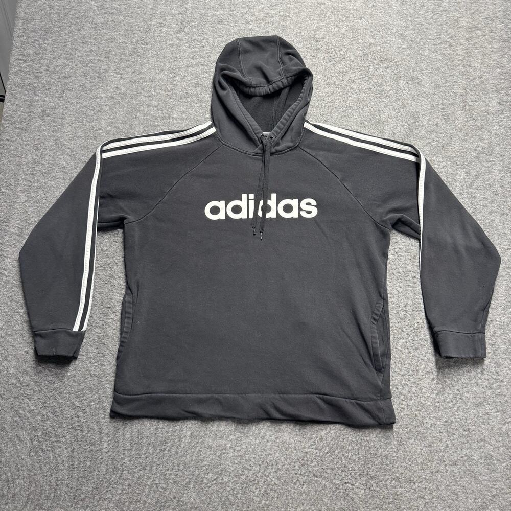 Adidas Logo Hoodie Sweatshirt Adult Large Black White Stripes Pullover Pockets